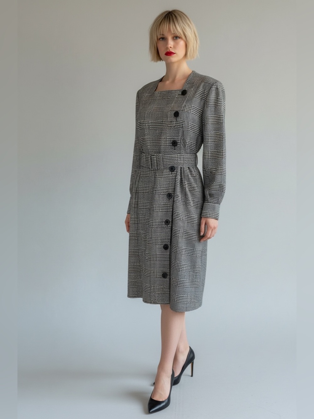 Celine Gray Plaid Midi Dress with Button Front